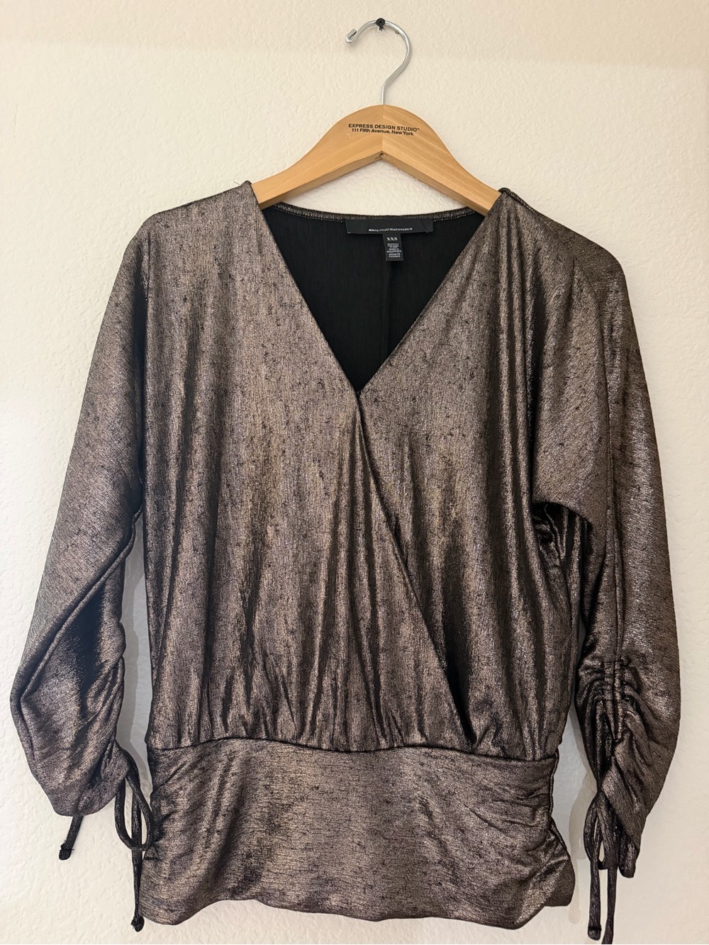 White House Black Market Metallic Bronze V-Neck Wrap Blouse